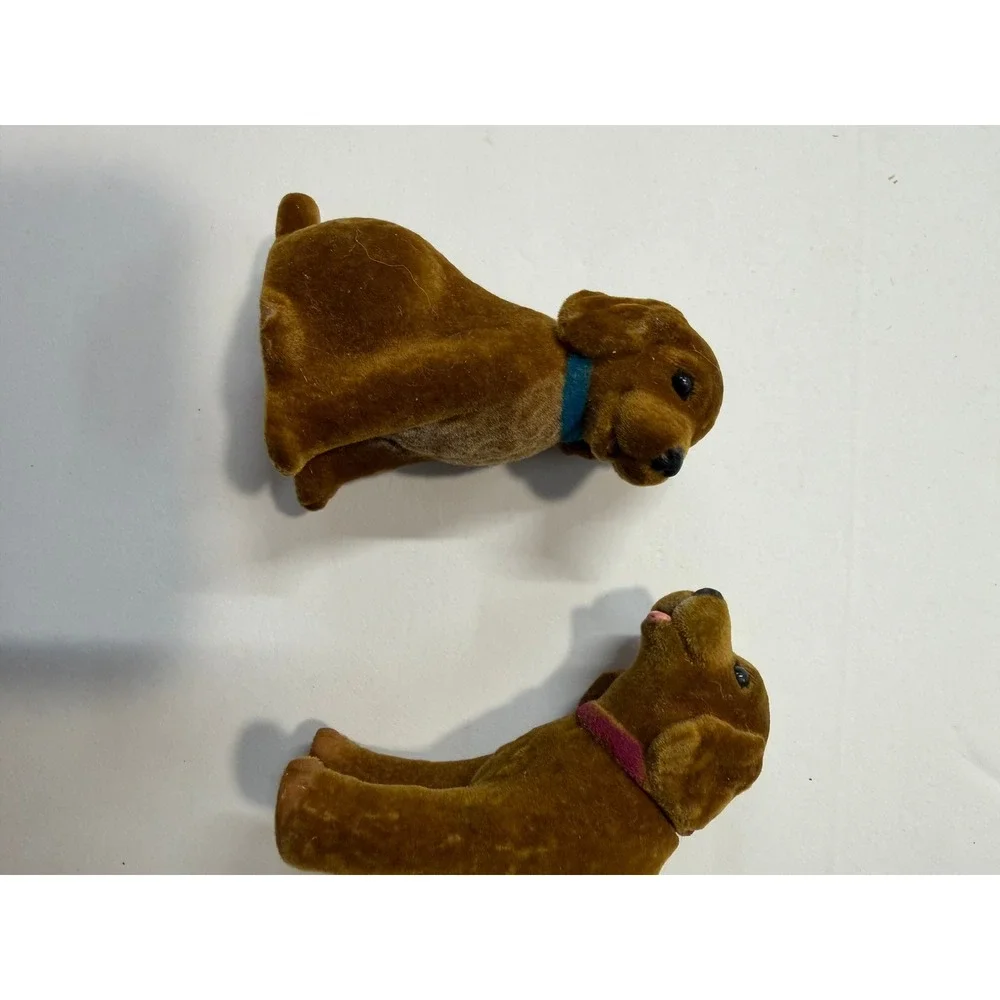 Vintage Flocked Dog Figurines Brown Puppy Miniature Toys Set of 2